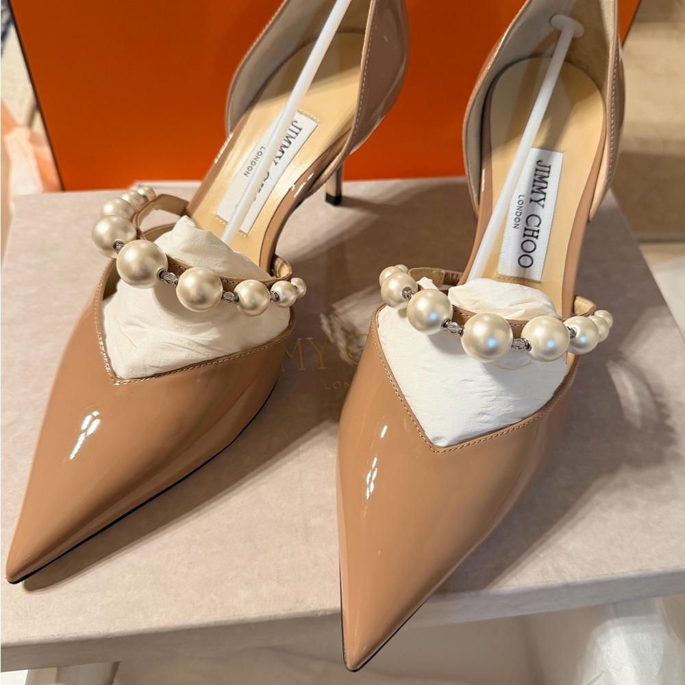 Jimmy Choo Beige Patent Leather Heels with Pearl Detail